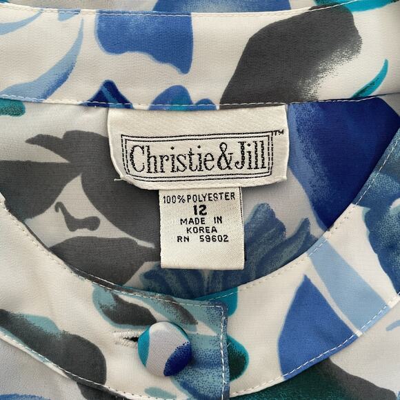 Vintage Blouse Top Size 12 Blue White Floral Short Sleeve Button Casual Office - Picture 10 of 12